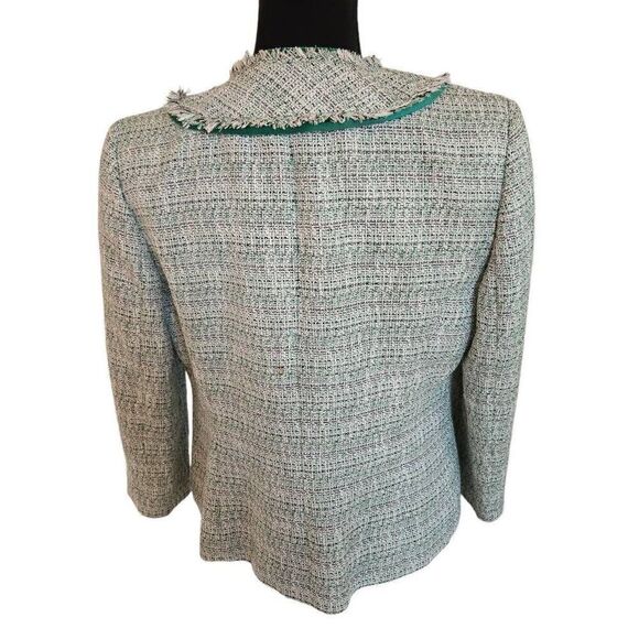Nipon Boutique Womens Open Front Frayed Trim Tweed Blazer Jacket Green White 4 - Picture 5 of 12